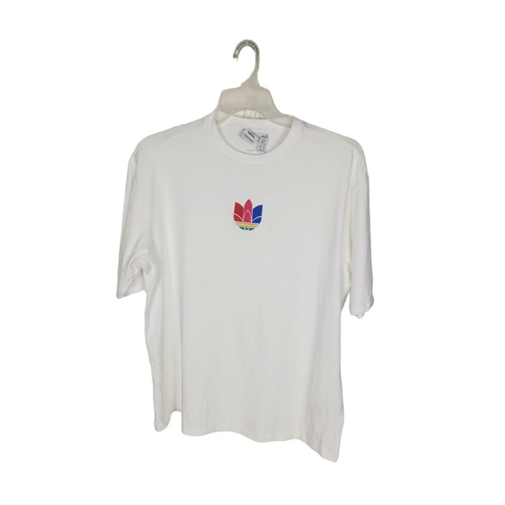 White Short-Sleeve Tee with Multicolor Trefoil Logo